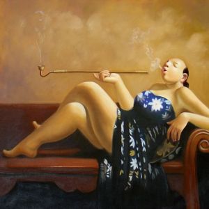peinture-femme-chinoise-en-soie-bleue-et-sa-pipe-a-opium-tableaux-jean-jacques-rio-galerie-art-deco-auray-attention-a-la-peinture-